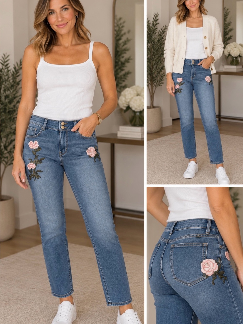 New York & Company Blue Skinny Jeans with Pink Rose Embroidery